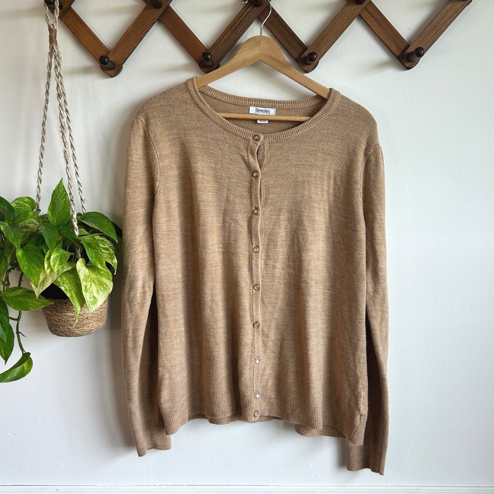 Hampshire Studio Tan Camel Button Front Cardigan Sweater XL Crew Neck